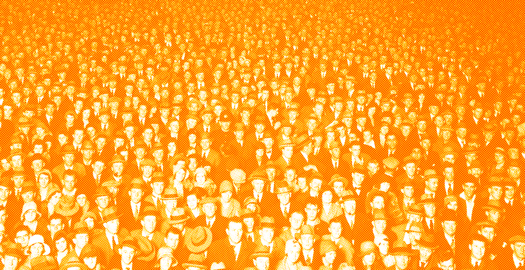 An old picture of a crowd of people, altered with an orange halftone